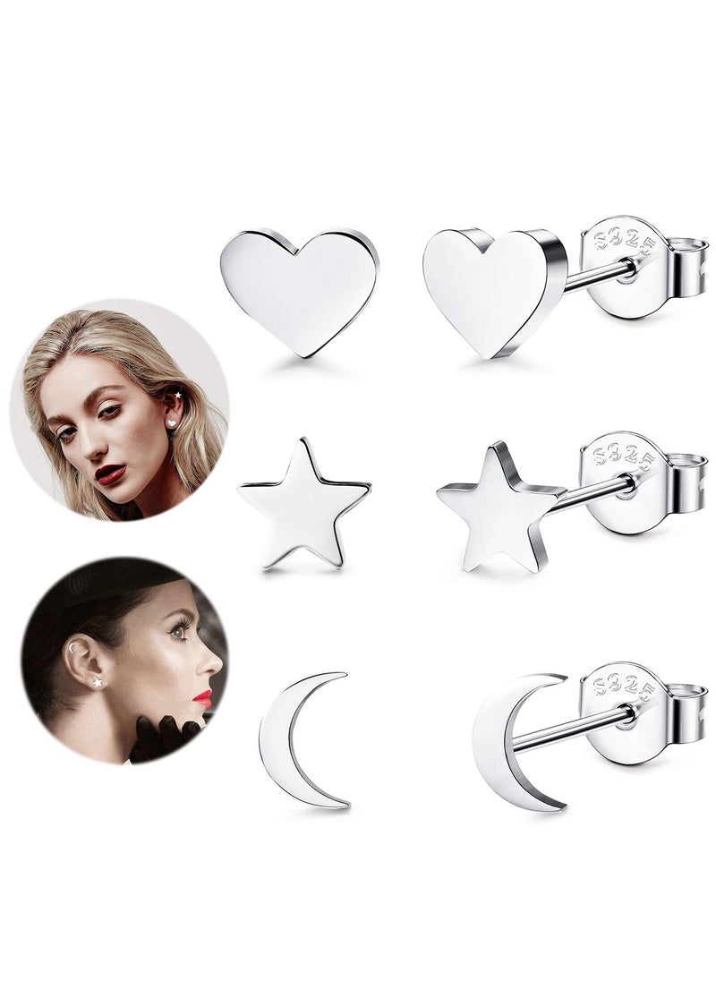 SYOSI - 925 Sterling Silver Stud Earrings Set Hypoallergenic Sterling Silver Earrings For Women Girls Tiny Moon Star Heart Stud Earring 3 Pairs Different Sizes 925 Silver Earring Studs with Box - Image 1