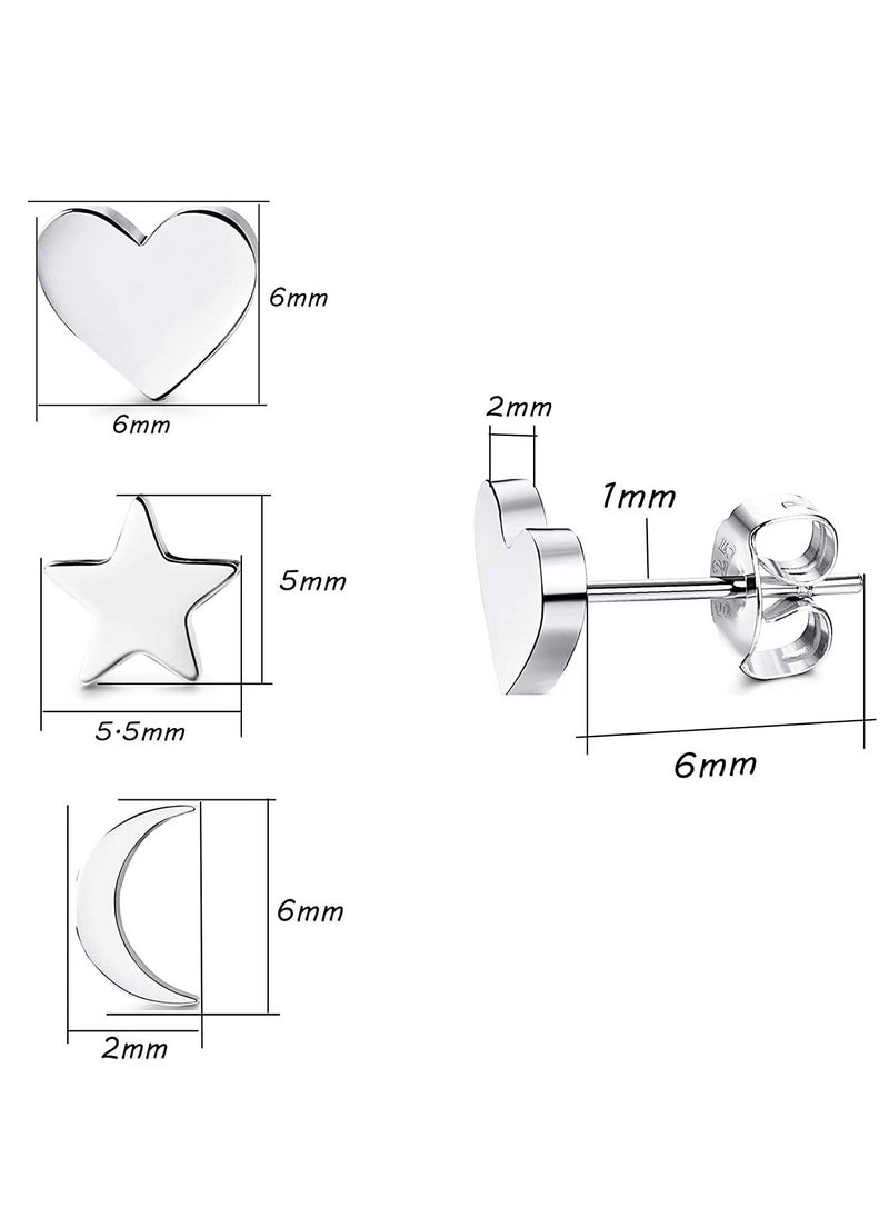SYOSI - 925 Sterling Silver Stud Earrings Set Hypoallergenic Sterling Silver Earrings For Women Girls Tiny Moon Star Heart Stud Earring 3 Pairs Different Sizes 925 Silver Earring Studs with Box - Image 1