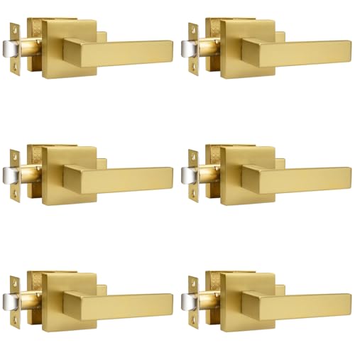Probrico 6 Pack Square Brushed Gold Passage Door Handle Heavy Duty Keyless Door Lever Lock for Hallway Closet Interior Satin Brass Door Knobs Lockset - Image 1