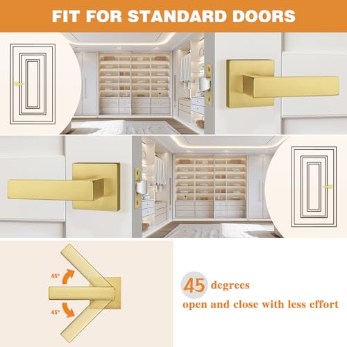 Probrico 6 Pack Square Brushed Gold Passage Door Handle Heavy Duty Keyless Door Lever Lock for Hallway Closet Interior Satin Brass Door Knobs Lockset - Image 4