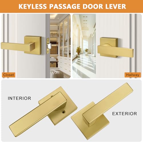 Probrico 6 Pack Square Brushed Gold Passage Door Handle Heavy Duty Keyless Door Lever Lock for Hallway Closet Interior Satin Brass Door Knobs Lockset - Image 2