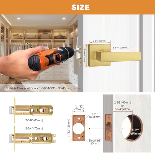 Probrico 6 Pack Square Brushed Gold Passage Door Handle Heavy Duty Keyless Door Lever Lock for Hallway Closet Interior Satin Brass Door Knobs Lockset - Image 5