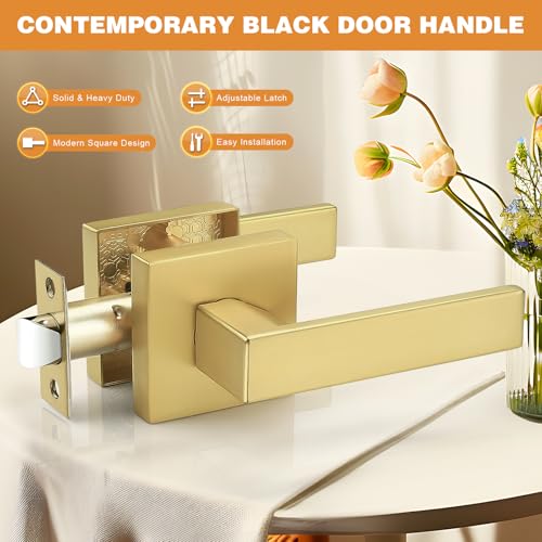 Probrico 6 Pack Square Brushed Gold Passage Door Handle Heavy Duty Keyless Door Lever Lock for Hallway Closet Interior Satin Brass Door Knobs Lockset - Image 3