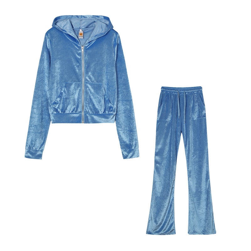 Velvet Hoodie  Wide Leg Pants Set Casual Womens Plus Size Sky Blue  - Image 1