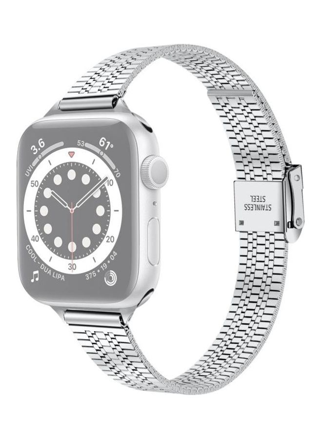 NIBEMINENT 14mm Seven-beads Double Safety Buckle Slim Steel Replacement Strap Watchband for Apple Watch Series 7/6/SE/5/4/3/2/1 42/44/45mm Silver - Image 1
