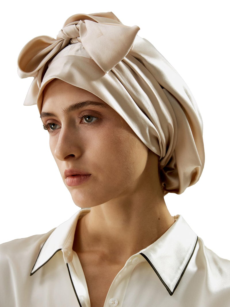 ليلي سيلك Lilysilk 100 ٪ 22mm نقي التوت الحرير قبعة النوم نساء غطاء محرك السيارة الطبيعي للحرير للنوم والعناية بالشعر غلاف دش للاستحمام مع شريط مرن طويل للبقاء على الذهب الحصى - Image 1