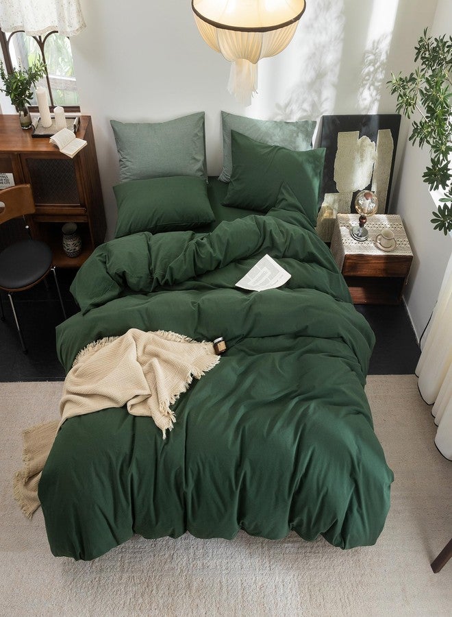 FOSSA Duvet Cover Set 100% Washed Cotton Linen Feel Super Soft Breathable Cozy 3 Pieces Bedding Sets Solid Forest Green King - Image 5