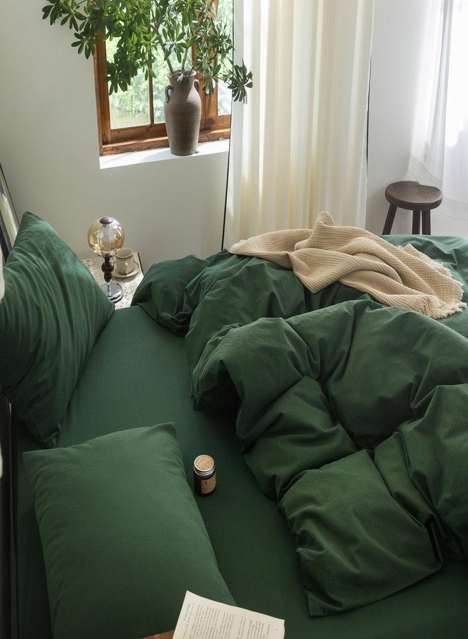 FOSSA Duvet Cover Set 100% Washed Cotton Linen Feel Super Soft Breathable Cozy 3 Pieces Bedding Sets Solid Forest Green King - Image 2