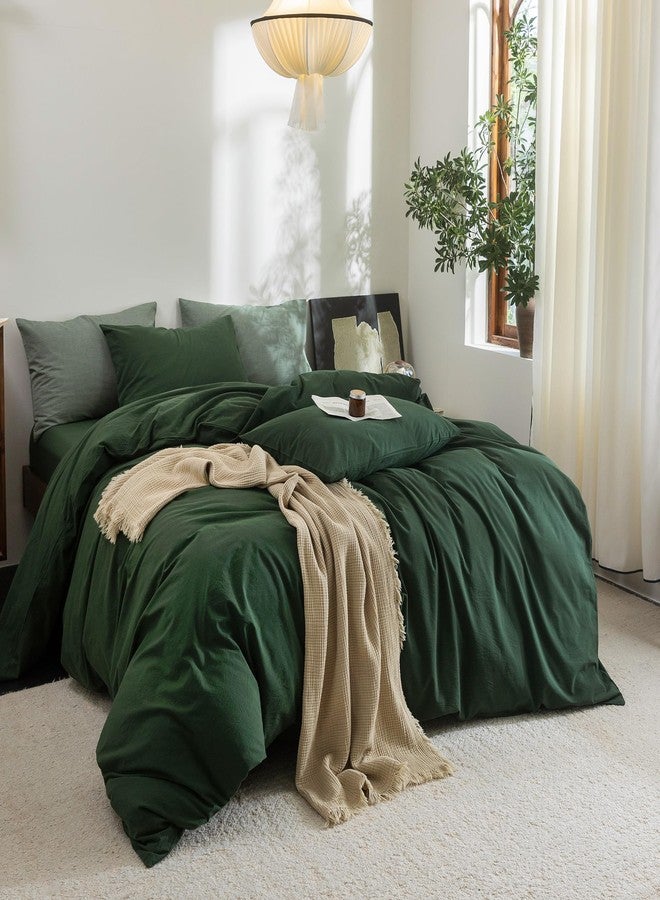 FOSSA Duvet Cover Set 100% Washed Cotton Linen Feel Super Soft Breathable Cozy 3 Pieces Bedding Sets Solid Forest Green King - Image 4