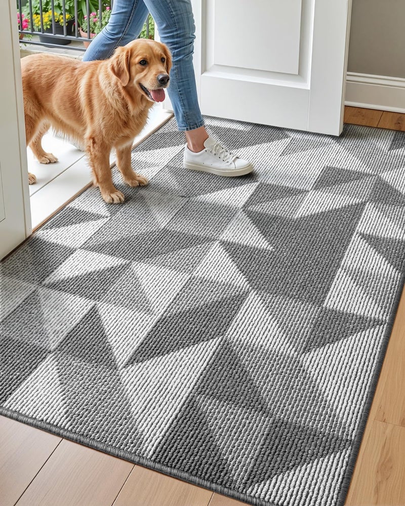 DEXI Front Door Mats for Entryway, Non Slip Washable Low-Profile Entry Doormat, Absorbent Resist Dirt Inside Floor Entrance Mat, Patio, 32x48, Grey/White - Image 1