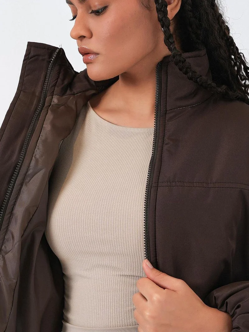 Big Dart Mocha Brown BDART Thick Bomber Puff Coat with Zipper Collar for Women | Best Price UAE