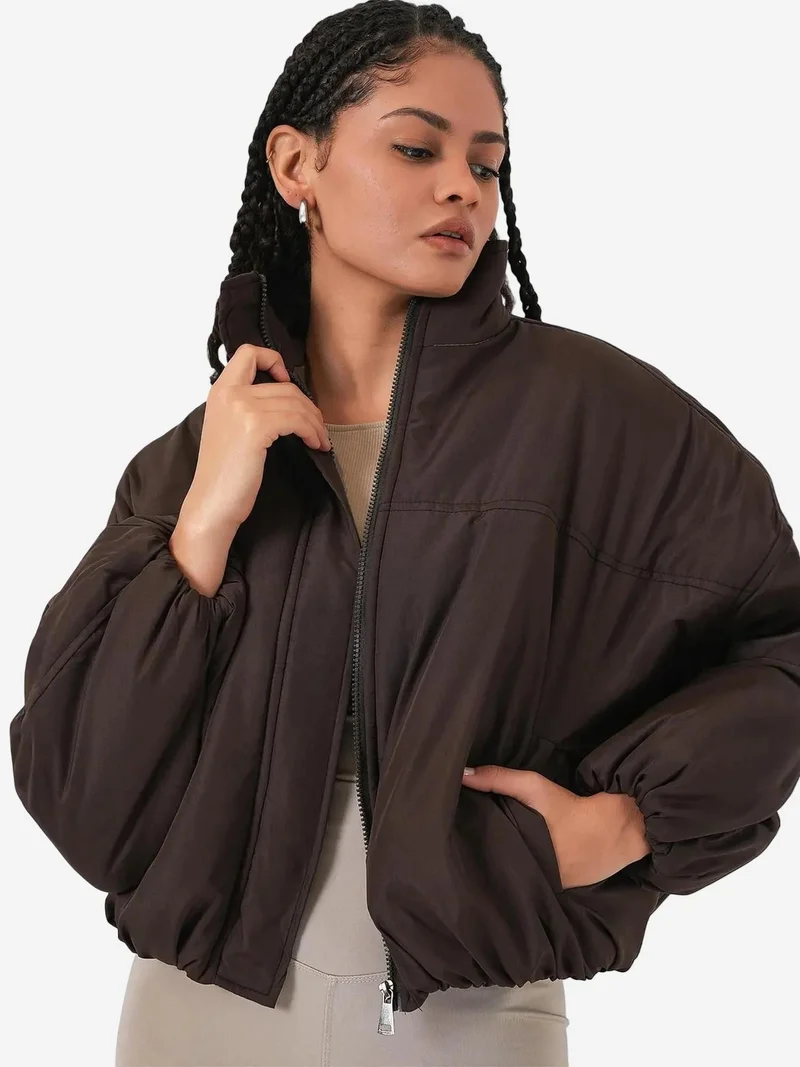 Big Dart Mocha Brown BDART Thick Bomber Puff Coat with Zipper Collar for Women | Best Price UAE