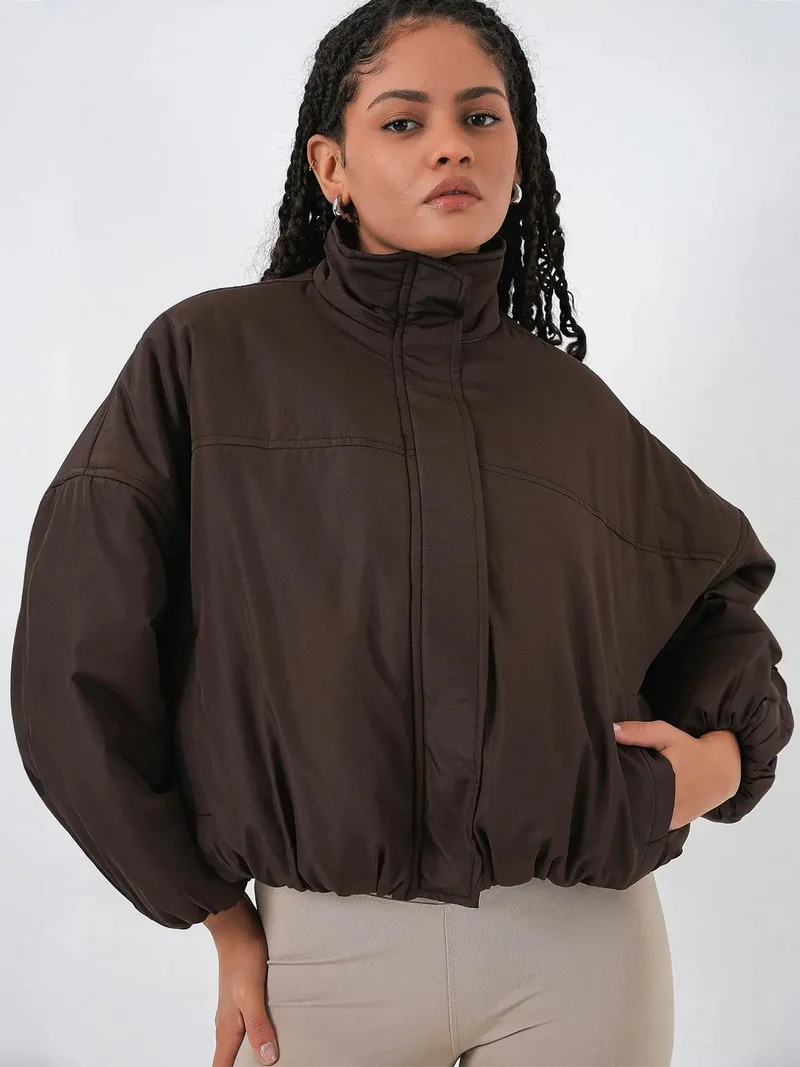 Big Dart Mocha Brown BDART Thick Bomber Puff Coat with Zipper Collar for Women | Best Price UAE