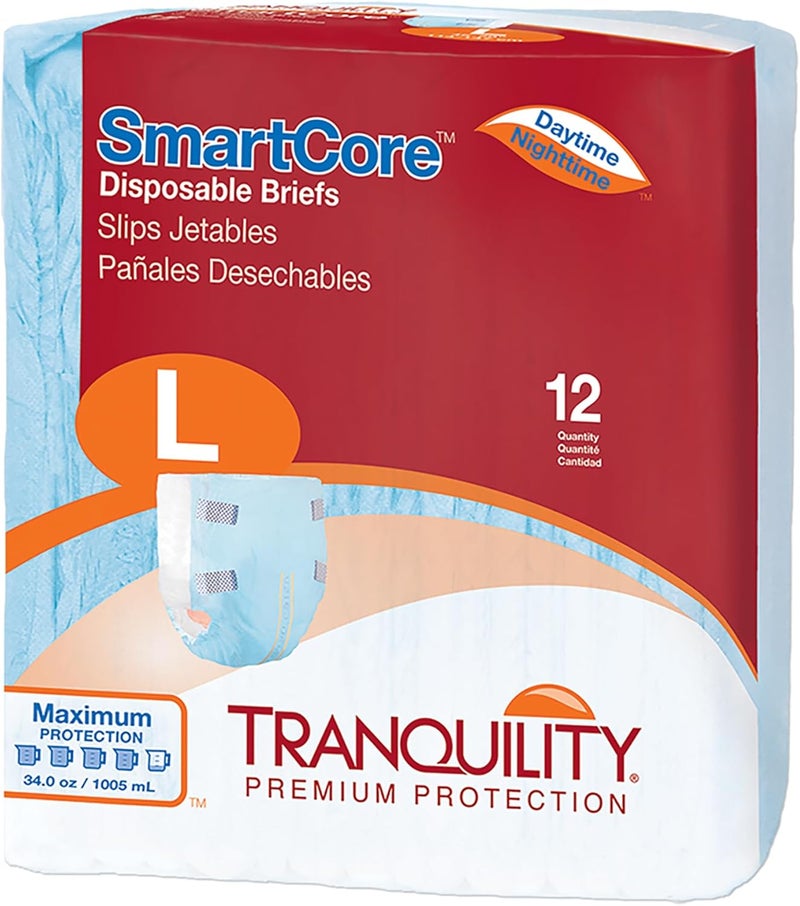Tranquility SmartCore Adult Disposable Briefs Incontinence Control with Breathable Kufguard Technology Fastening Tabs Wetness Indicator LatexFree Adult Large 34oz Capacity 12ct Bag - Image 1