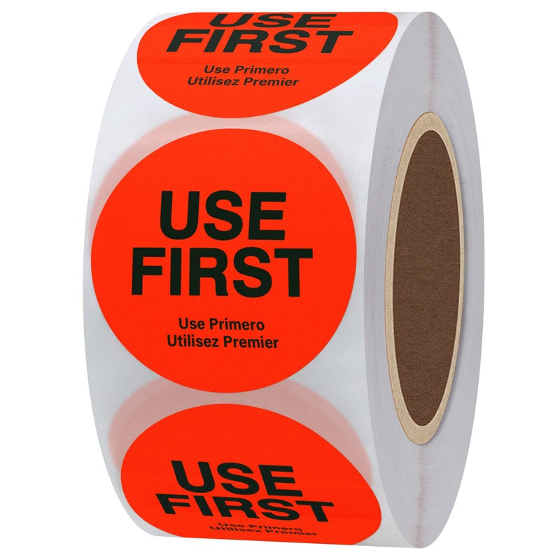Hybsk Fluorescence USE First Stickers Restaurant Food Service FIFO Label 1.5 Inch Total 500 Labels Per Roll (Fluorescence Red) - Image 1