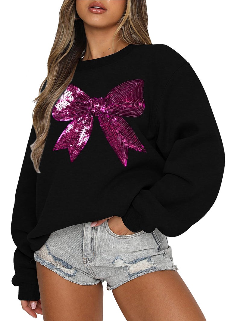 FASHGL Pink Bow Sweatshirt Womens - Sequins Coquette Sweater Casual Round Neck Pullover Sweatshirts Long Sleeve Tops - Image 1