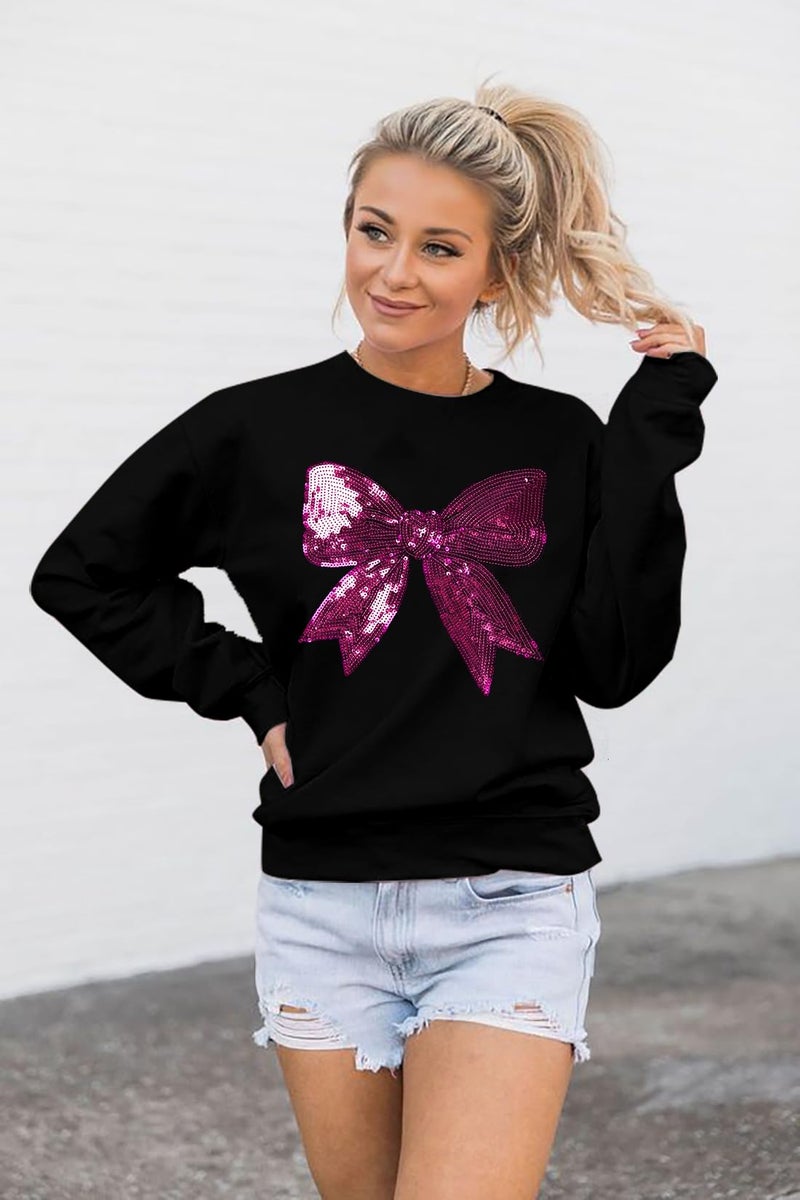 FASHGL Pink Bow Sweatshirt Womens - Sequins Coquette Sweater Casual Round Neck Pullover Sweatshirts Long Sleeve Tops - Image 5