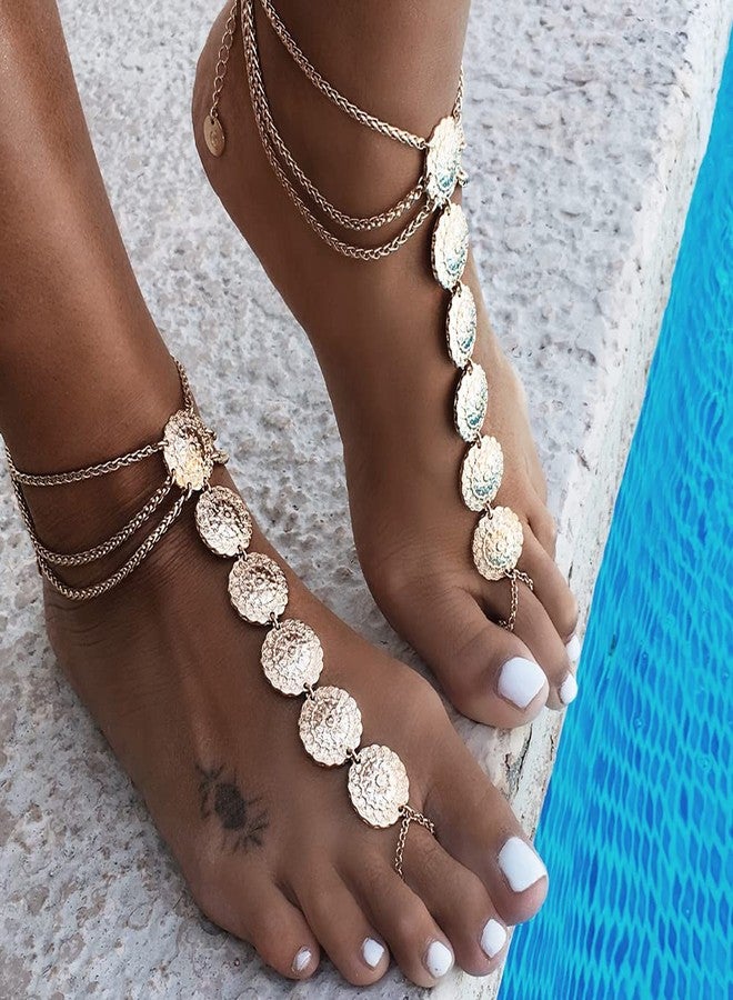 Asphire Bohemian Coin Anklet with Toe Ring 2pcs Summer Beach Barefoot Sandals Boho Toe Link Ankle Bracelet Women's Foot Accessories (8.5 inch, Gold) - Image 3