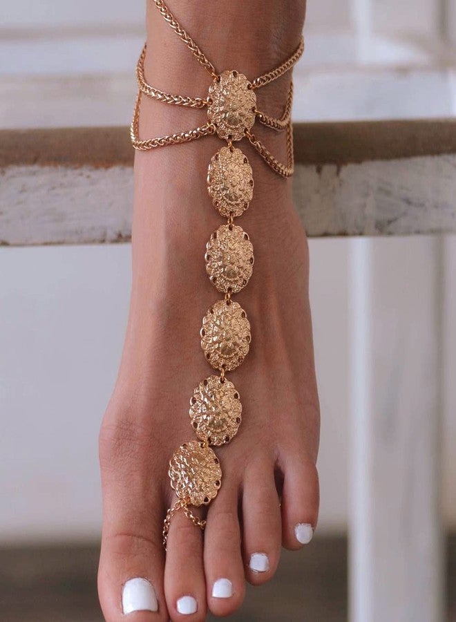 Asphire Bohemian Coin Anklet with Toe Ring 2pcs Summer Beach Barefoot Sandals Boho Toe Link Ankle Bracelet Women's Foot Accessories (8.5 inch, Gold) - Image 2
