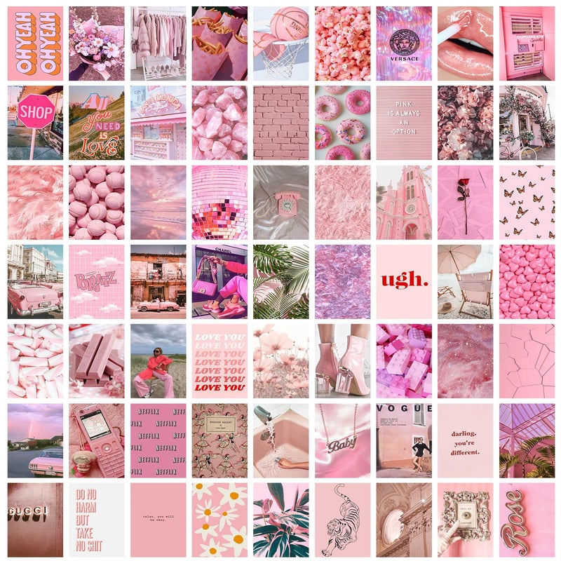 VEENSHI مجموعة من 63 قطعة من كيت تجميع الجدران باللون الوردي الجمالي، VSCO، ديكور غرفة الفتيات، ديكور السكن، كيت تجميع الصور، تجميع الجدران (حجم 6x4 بوصة، ورق 300 GSM) - Image 1