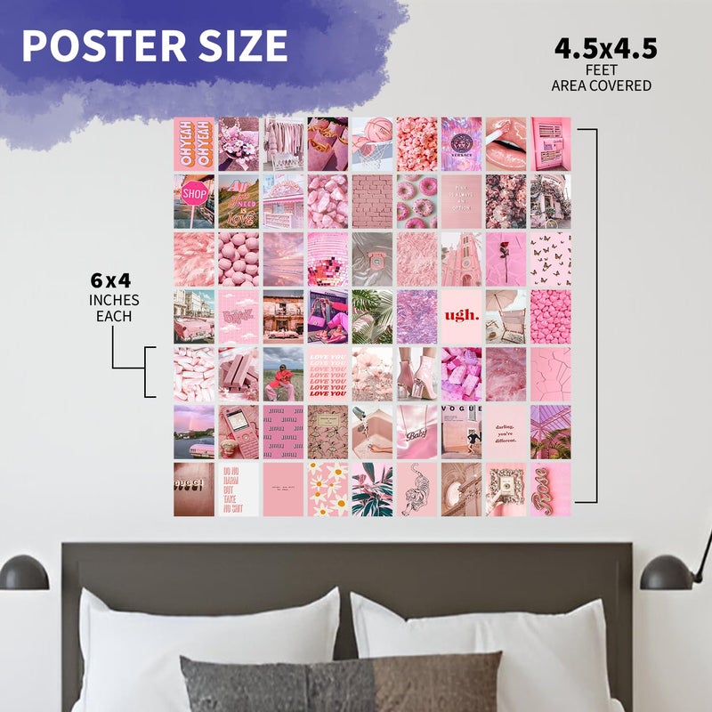 VEENSHI مجموعة من 63 قطعة من كيت تجميع الجدران باللون الوردي الجمالي، VSCO، ديكور غرفة الفتيات، ديكور السكن، كيت تجميع الصور، تجميع الجدران (حجم 6x4 بوصة، ورق 300 GSM) - Image 3