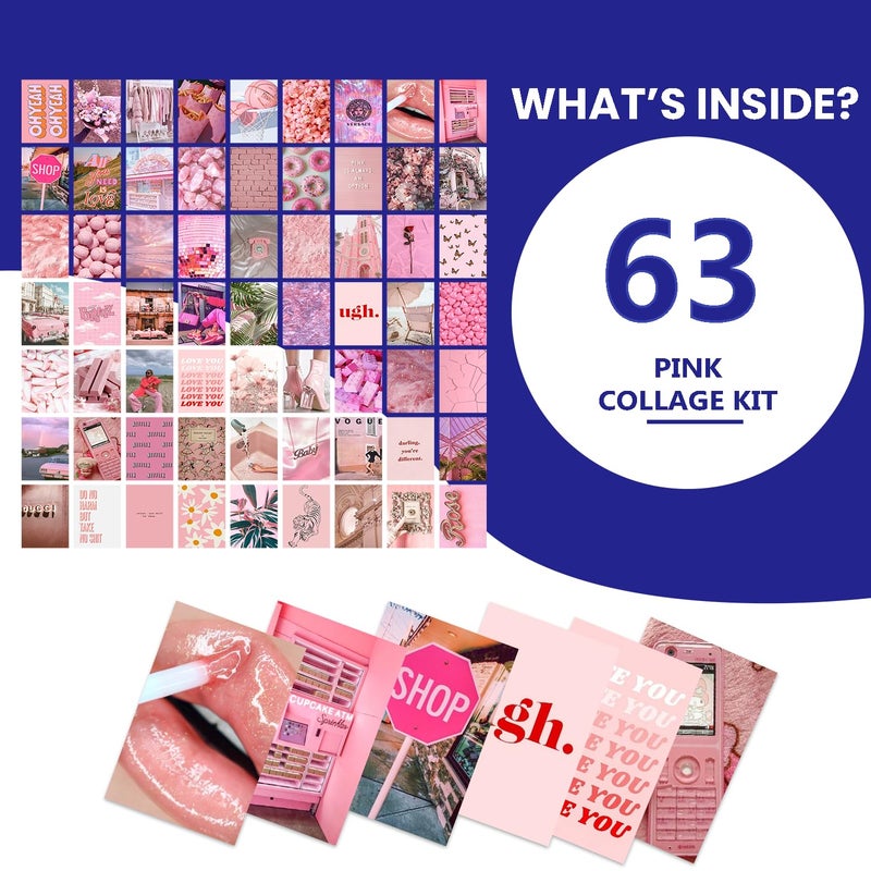 VEENSHI مجموعة من 63 قطعة من كيت تجميع الجدران باللون الوردي الجمالي، VSCO، ديكور غرفة الفتيات، ديكور السكن، كيت تجميع الصور، تجميع الجدران (حجم 6x4 بوصة، ورق 300 GSM) - Image 4