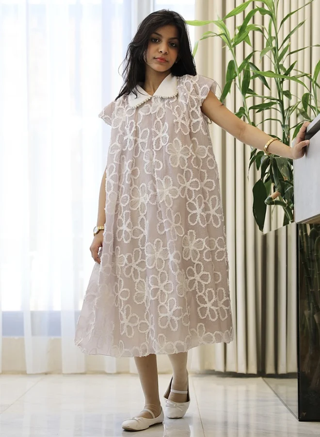 Hawraa Abaya Girls’ Dress with White Floral Embroidery and Royal Pearl Collar