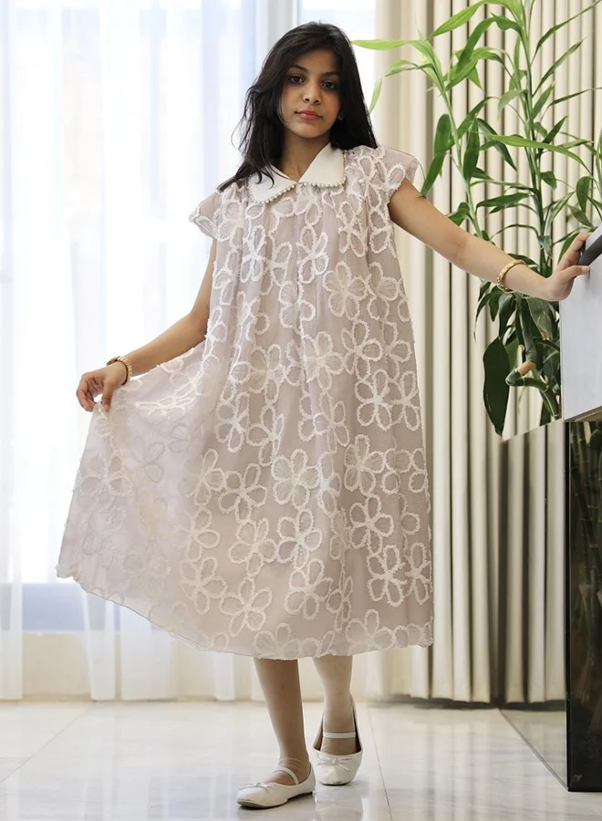 Hawraa Abaya Girls’ Dress with White Floral Embroidery and Royal Pearl Collar