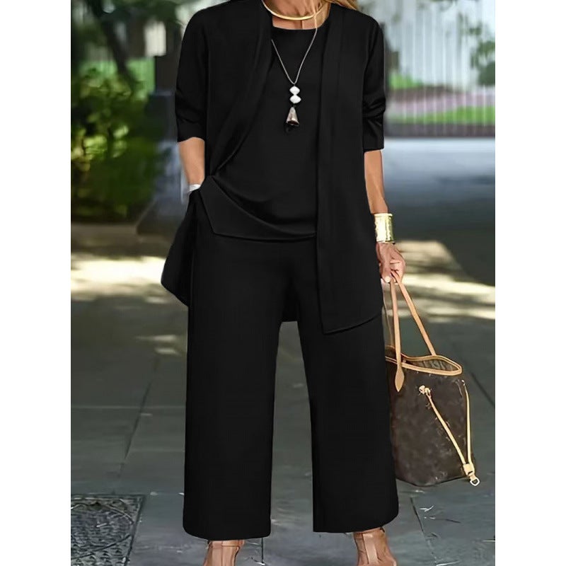 European and American Foreign Trade Cross-border Autumn and Winter All-match Solid Color Casual Commuter Trousers Long-sleeved Cardigan Jacket Vest Three-piece Set for Women Black
