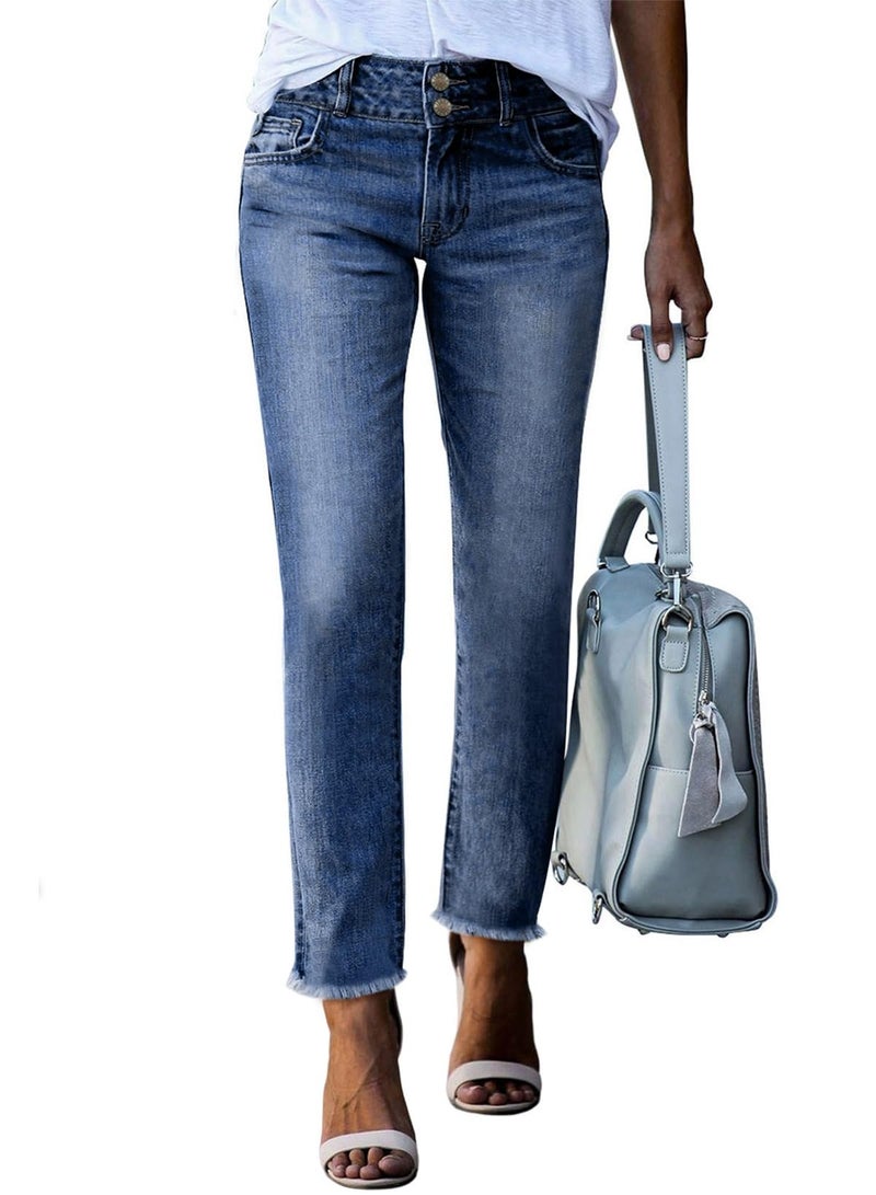 Sidefeel Women's High Waisted Tummy Control Jeans Trendy 2025 Straight Leg Raw Hem Denim Pants Sky Blue Size 16 - Image 1