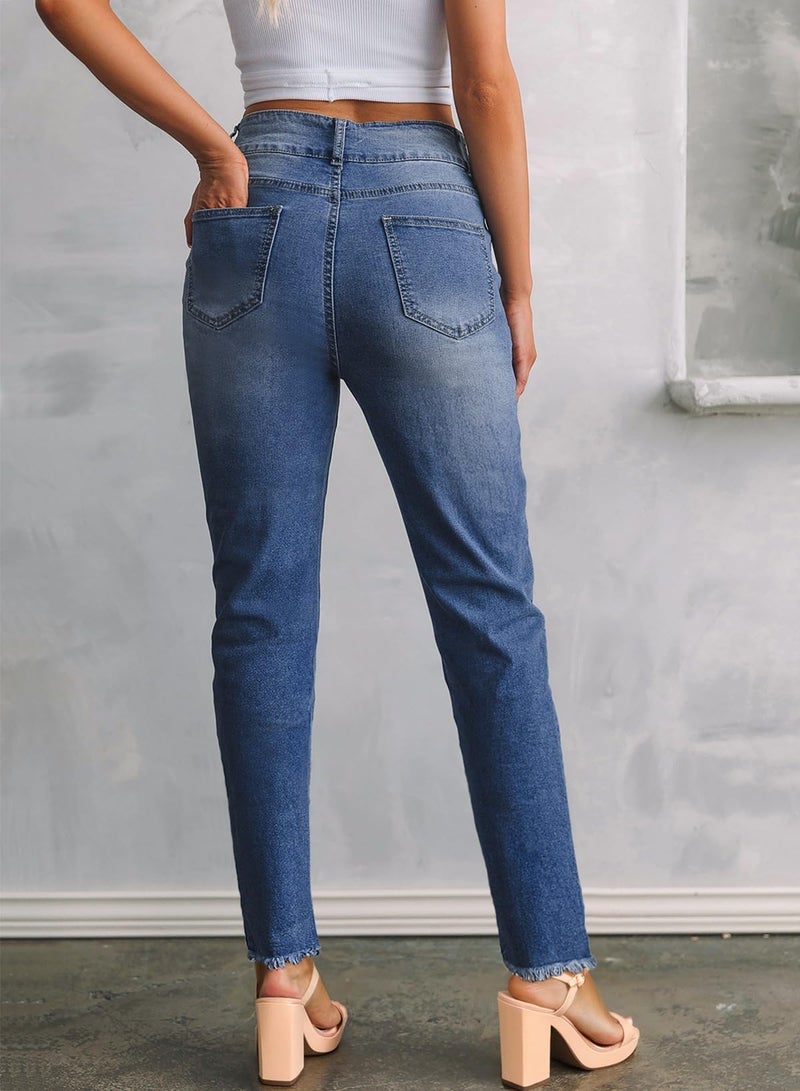Sidefeel Women's High Waisted Tummy Control Jeans Trendy 2025 Straight Leg Raw Hem Denim Pants Sky Blue Size 16 - Image 2