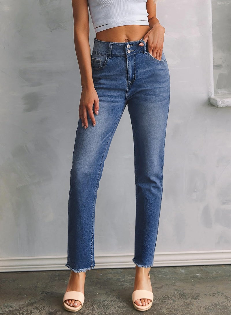 Sidefeel Women's High Waisted Tummy Control Jeans Trendy 2025 Straight Leg Raw Hem Denim Pants Sky Blue Size 16 - Image 5
