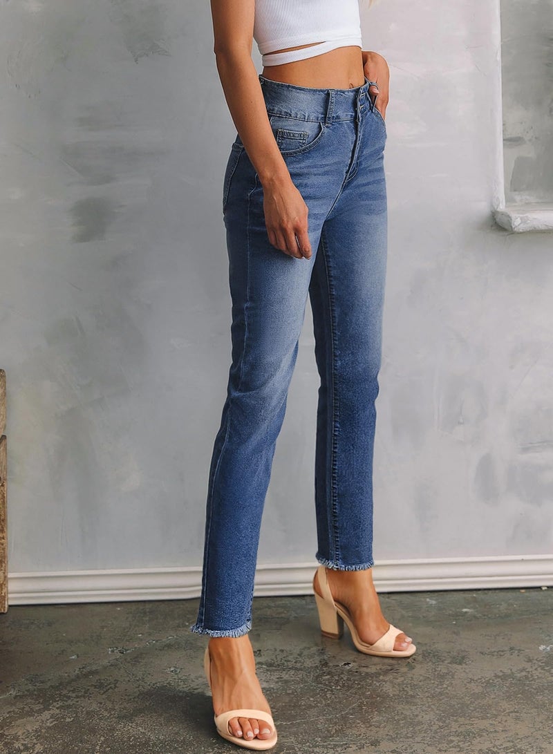 Sidefeel Women's High Waisted Tummy Control Jeans Trendy 2025 Straight Leg Raw Hem Denim Pants Sky Blue Size 16 - Image 4