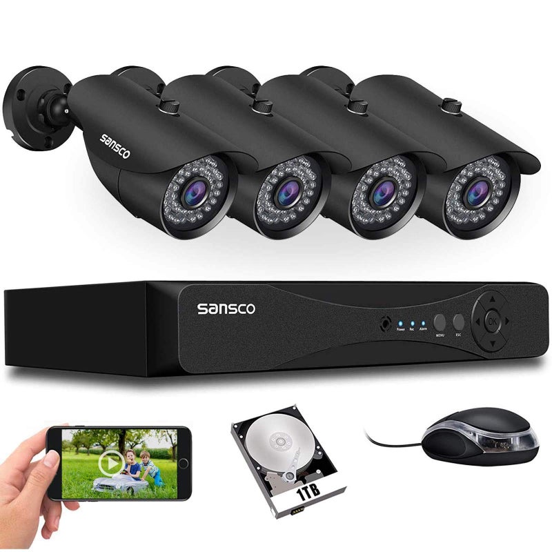SANSCO نظام كاميرات المراقبة SANSCO [TRUE 1080p]، 4 قنوات DVR للمراقبة بدقة 5MP مع (4) كاميرات رصاصية خارجية بدقة 2MP، قرص صلب سعة 1TB (1920x1080p، مقاوم للعوامل الجوية، كشف الحركة، نسخ احتياطي سريع عبر USB، وصول عن بُعد) - Image 1