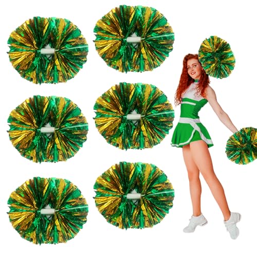 Zankubom 6 Pcs Gold Green Metallic Cheerleading Pom Poms 12Inch Cheerleader Pompoms with Baton Handle for Kids Adults School Team Sports Games Dance Cheering - Image 1