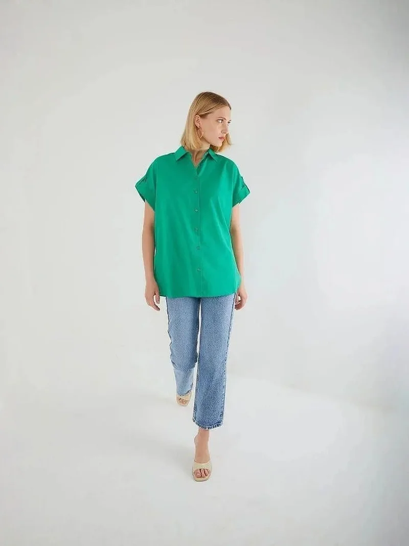 Oversized Short Sleeve Poplin Button-Up Shirt