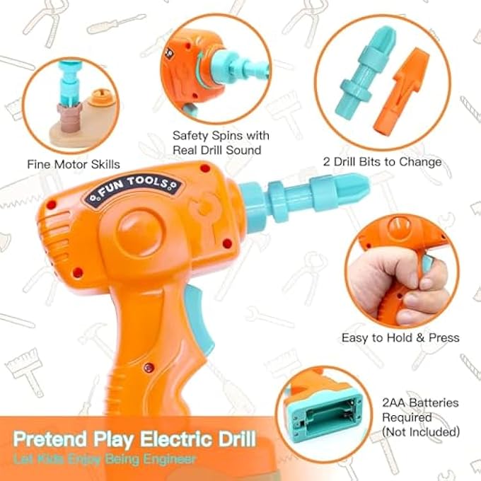 KIDS TOOL SET TOYS, 144 PCS TODDLER TOOL BOX, EDUCATIONAL CONSTRUCTION GAMES, PRETEND PLAY KIT WITH ELECTRIC DRILL HAMMER, TOY TOOLS GIFT FOR GIRLS BOYS AND KID OVER 3 YEARS OLD (144 PCS) - Image 4