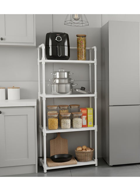 4-Tier Storage Shelf Organizer for Kitchen Bathroom Shelves Garage Home Pantry Closet Office.White Multi Rack Stand Units with Hooks and Handle for Jar and Bottles