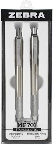 Zebra Pen M/F 701 Stainless Steel Mechanical Pencil and Ballpoint Pen Set, 0.7mm HB Lead and 0.8mm Black Ink, 2-Count Gift Set, (Case of 8 packs, 16 Count Total) - Image 1