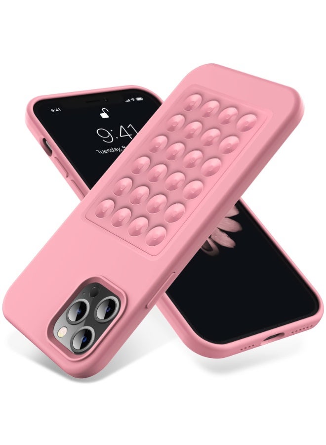 جراب هاتف من السيليكون الناعم مع قاعدة شفط وحامل حماية كاملة ومضاد للصدمات لهاتف iPhone 15 Pro Max (وردي)