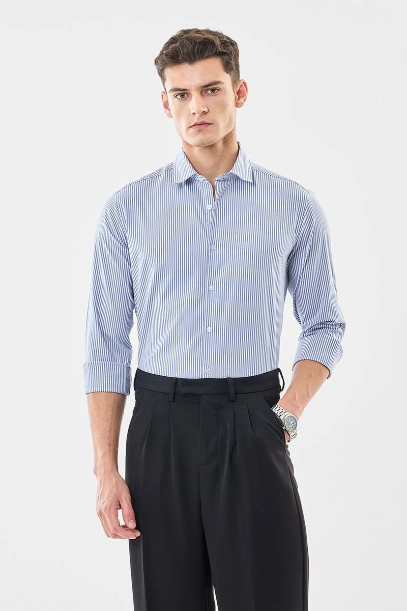 سنيتش Light Blue Striped Long Sleeve Slim Fit Shirt