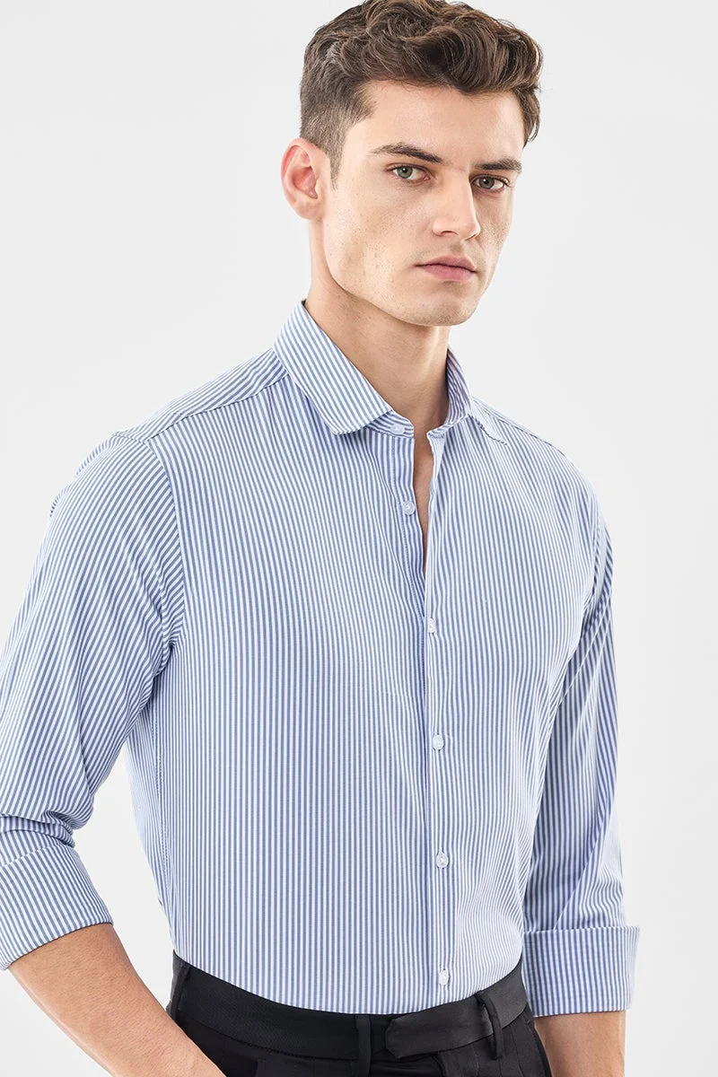 سنيتش Light Blue Striped Long Sleeve Slim Fit Shirt