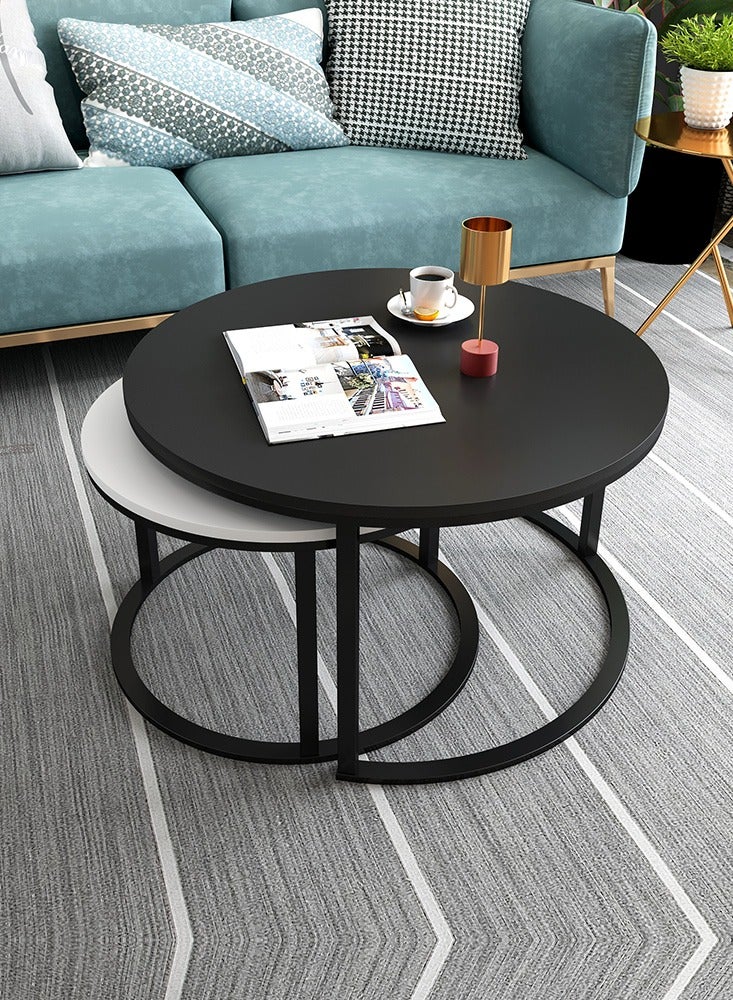 Generic Modern Nesting Coffee Tables, Round Black and White, Metal Frame, Set of 2 (Black&White&Golden, 70 * 50cm) 