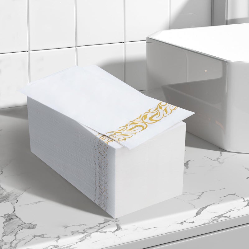 BESTVIP 200 Pack Disposable Paper Napkins  3-Ply Dinner Napkins with Gold Trim  Soft Bathroom Napkins for Guests  Absorbent Party Napkins Wedding Napkins for Dinners  Kitchen or Events - Image 5