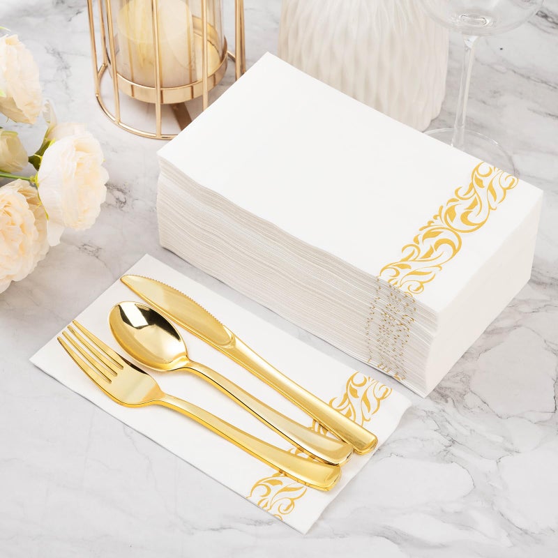BESTVIP 200 Pack Disposable Paper Napkins  3-Ply Dinner Napkins with Gold Trim  Soft Bathroom Napkins for Guests  Absorbent Party Napkins Wedding Napkins for Dinners  Kitchen or Events - Image 2