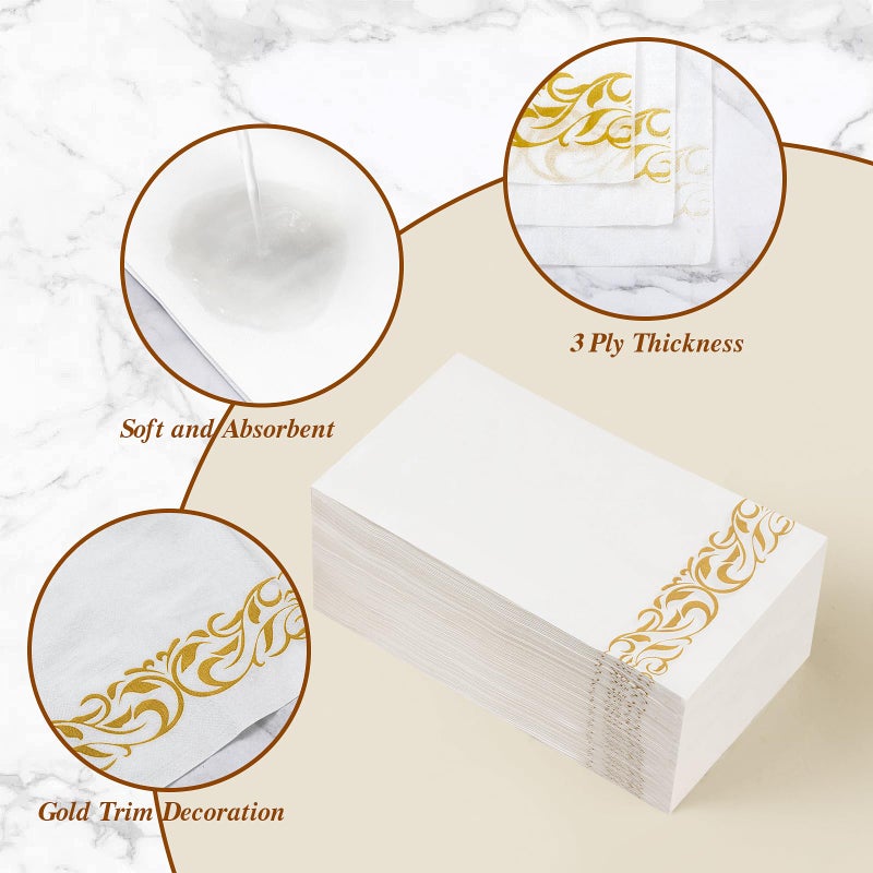 BESTVIP 200 Pack Disposable Paper Napkins  3-Ply Dinner Napkins with Gold Trim  Soft Bathroom Napkins for Guests  Absorbent Party Napkins Wedding Napkins for Dinners  Kitchen or Events - Image 3