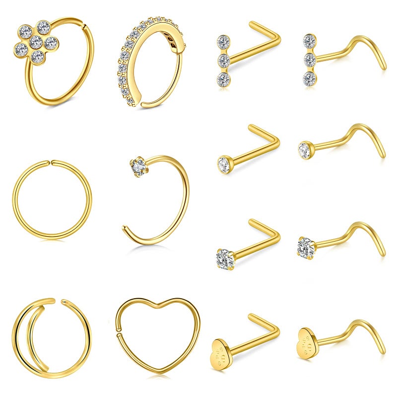 MODRSA Gold Nose Rings for Women Nose Piercings Studs 20g Nostril Rings Hoops Gold Surgical Steel Heart Nostril Studs Jewelry 20 gauge - Image 1