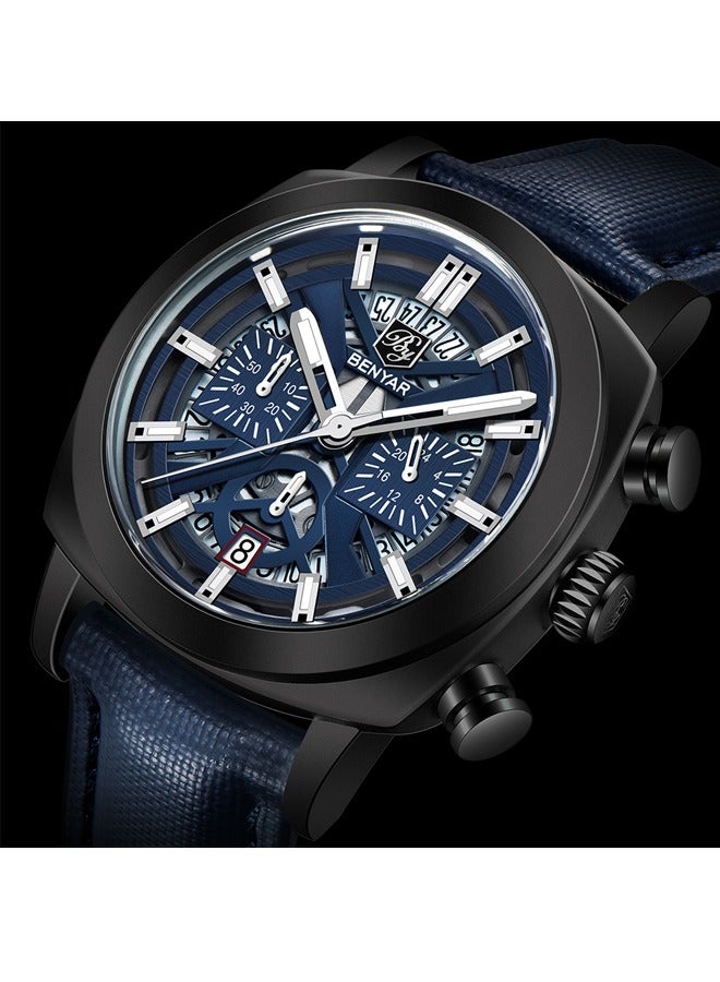 BENYAR Men's Quartz Movement Chronograph Multifunctional Sports Waterproof Watch Business Casual Watch Luminous Hands, BY-5205Black Blue - Image 3