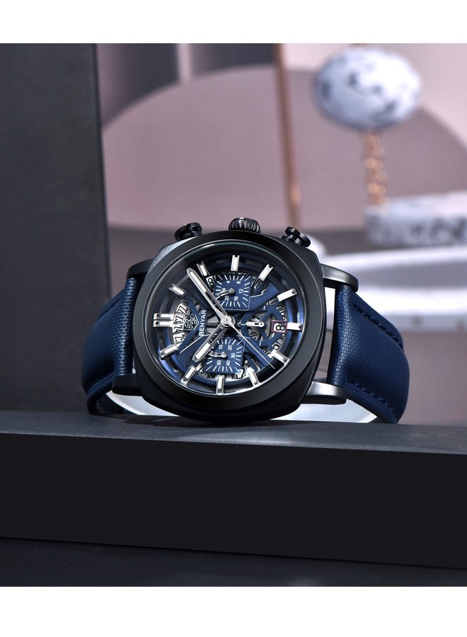 BENYAR Men's Quartz Movement Chronograph Multifunctional Sports Waterproof Watch Business Casual Watch Luminous Hands, BY-5205Black Blue - Image 4