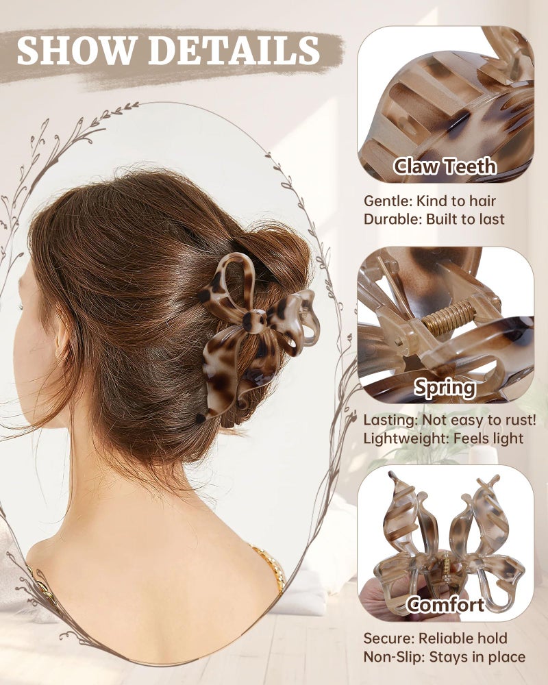 Mesovor 4 pack Cute Bow Claw Clip for Women, Nonslip Large Matte Strong Hold Bows Hair Clips for Thin and Thick Hair | Chic Hair Styling Accessories (Tortoise Polished) - Image 3